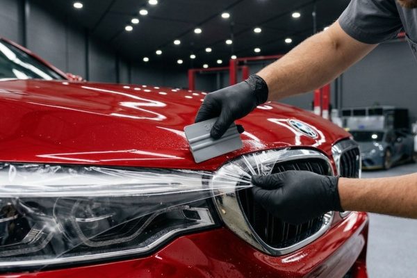 Skyddsfilm appliceras på en röd bil i en verkstad