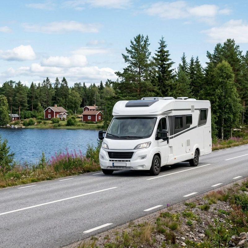 En husbil vid en svensk sjö